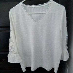 White V Neck Swiss Dotted Top.